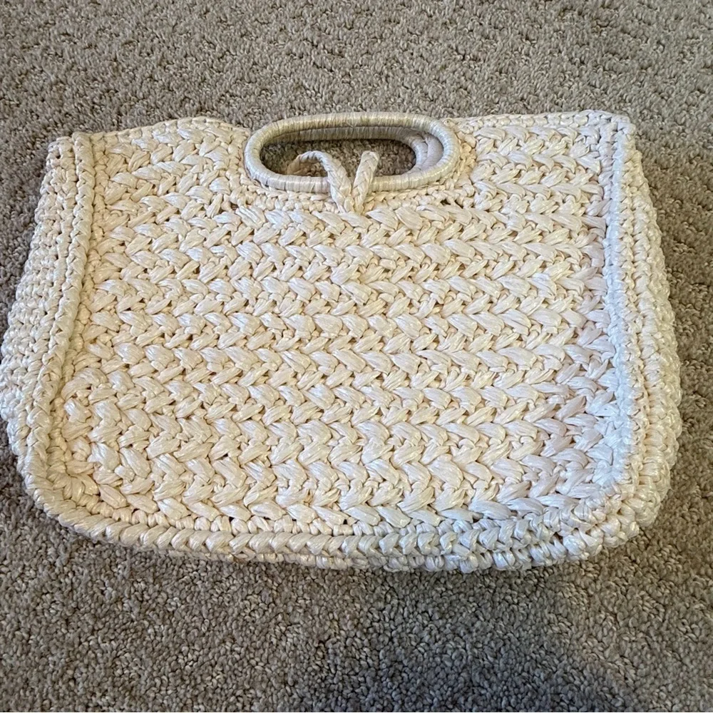 Vintage 1960’s Cream Raffia Handbag Top Handle Purse Japan Retro Summer Woven